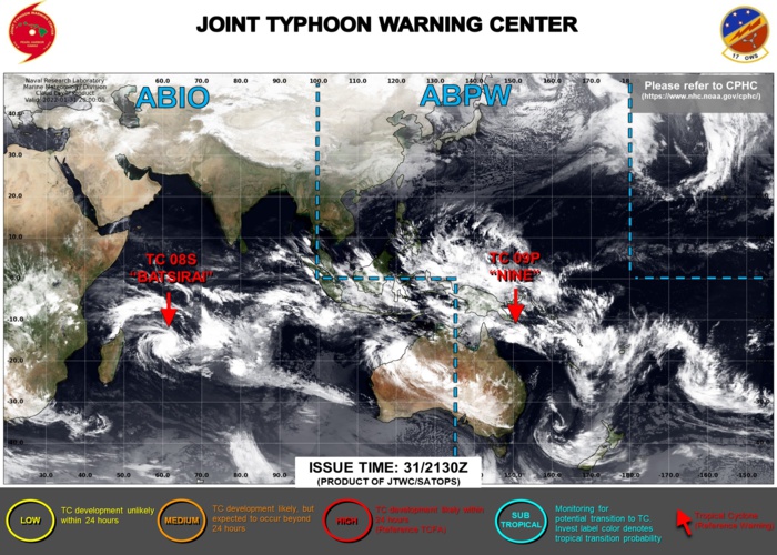 JTWC IS ISSUING 12HOURLY WARNINGS ON TC 08S(BATSIRAI) AND 6HOURLY WARNINGS ON TC 09P. 3HOURLY SATELLITE BULLETINS ARE ISSUED FOR BOTH SYSTEMS.