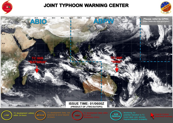 JTWC IS ISSUING 12HOURLY WARNINGS ON TC 08S(BATSIRAI) AND 6HOURLY WARNINGS ON TC 09P. 3HOURLY SATELLITE BULLETINS ARE ISSUED FOR BOTH SYSTEMS. JTWC IS ISSUING 12HOURLY WARNINGS ON TC 08S(BATSIRAI) AND 6HOURLY WARNINGS ON TC 09P. 3HOURLY SATELLITE BULLETINS ARE ISSUED FOR BOTH SYSTEMS.