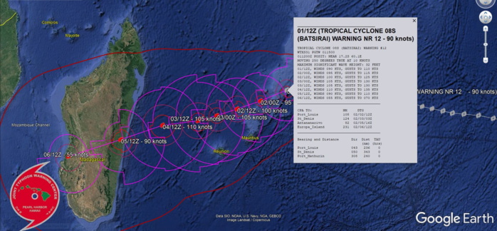 FORECAST REASONING. SIGNIFICANT FORECAST CHANGES: THERE ARE NO SIGNIFICANT CHANGES TO THE FORECAST FROM THE PREVIOUS WARNING. FORECAST DISCUSSION: TC 08S WILL TRACK GENERALLY WEST-SOUTHWESTWARD TO WESTWARD THROUGH 72H UNDER THE STEERING INFLUENCE OF THE SUBTROPICAL RIDGE (STR) TO THE SOUTH. TC 08S IS FORECAST TO INTENSIFY STEADILY THROUGH 72H UNDER FAVORABLE CONDITIONS AND SHOULD REACH A PEAK INTENSITY OF 110 KNOTS/CAT 3 US AT 72H ALTHOUGH A HIGHER PEAK INTENSITY IS POSSIBLE. AFTER 72H, THE STR WILL SHIFT EASTWARD AND REALIGN WITH THE APPROACH OF A MIDLATITUDE MAJOR SHORTWAVE TROUGH. THIS WILL PRODUCE A WEST-SOUTHWESTWARD TURN TOWARD A BREAK IN THE STR. TC 08S WILL MAKE LANDFALL NEAR 96H AND IS EXPECTED TO WEAKEN QUICKLY AS IT TRANSITS THE MOUNTAINOUS TERRAIN OF MADAGASCAR. HOWEVER, THE SYSTEM IS EXPECTED TO REINTENSIFY OVER THE MOZAMBIQUE CHANNEL AFTER THE FORECAST PERIOD. FORECAST REASONING. SIGNIFICANT FORECAST CHANGES: THERE ARE NO SIGNIFICANT CHANGES TO THE FORECAST FROM THE PREVIOUS WARNING. FORECAST DISCUSSION: TC 08S WILL TRACK GENERALLY WEST-SOUTHWESTWARD TO WESTWARD THROUGH 72H UNDER THE STEERING INFLUENCE OF THE SUBTROPICAL RIDGE (STR) TO THE SOUTH. TC 08S IS FORECAST TO INTENSIFY STEADILY THROUGH 72H UNDER FAVORABLE CONDITIONS AND SHOULD REACH A PEAK INTENSITY OF 110 KNOTS/CAT 3 US AT 72H ALTHOUGH A HIGHER PEAK INTENSITY IS POSSIBLE. AFTER 72H, THE STR WILL SHIFT EASTWARD AND REALIGN WITH THE APPROACH OF A MIDLATITUDE MAJOR SHORTWAVE TROUGH. THIS WILL PRODUCE A WEST-SOUTHWESTWARD TURN TOWARD A BREAK IN THE STR. TC 08S WILL MAKE LANDFALL NEAR 96H AND IS EXPECTED TO WEAKEN QUICKLY AS IT TRANSITS THE MOUNTAINOUS TERRAIN OF MADAGASCAR. HOWEVER, THE SYSTEM IS EXPECTED TO REINTENSIFY OVER THE MOZAMBIQUE CHANNEL AFTER THE FORECAST PERIOD.