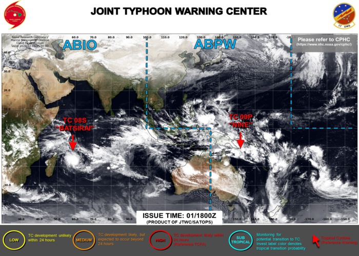 JTWC IS ISSUING 12HOURLY WARNINGS ON TC 08S(BATSIRAI) AND 6HOURLY WARNINGS ON TC 09P. 3HOURLY SATELLITE BULLETINS ARE ISSUED FOR BOTH SYSTEMS.