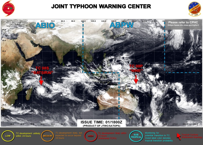 JTWC IS ISSUING 12HOURLY WARNINGS ON TC 08S(BATSIRAI) AND 6HOURLY WARNINGS ON TC 09P. 3HOURLY SATELLITE BULLETINS ARE ISSUED FOR BOTH SYSTEMS. JTWC IS ISSUING 12HOURLY WARNINGS ON TC 08S(BATSIRAI) AND 6HOURLY WARNINGS ON TC 09P. 3HOURLY SATELLITE BULLETINS ARE ISSUED FOR BOTH SYSTEMS.