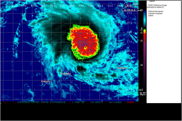 SATELLITE ANALYSIS, INITIAL POSITION AND INTENSITY DISCUSSION: ANIMATED MULTISPECTRAL SATELLITE IMAGERY (MSI) DEPICTS A RAPIDLY INTENSIFYING SYSTEM, HAVING DEVELOPED A 28KM EYE OVER THE PREVIOUS SIX TO TWELVE HOURS. A SERIES OF MICROWAVE IMAGERY BETWEEN A 012140Z AMSR AND A 020036Z SSMIS SHOW THE COMPACT CORE OF DEEP CONVECTION SURROUNDED BY A RAPIDLY DEVELOPING OUTER EYEWALL, INDICATIVE OF A LIKELY NEAR-TERM EYEWALL REPLACEMENT CYCLE (ERC). THE INITIAL POSITION IS ASSESSED WITH HIGH CONFIDENCE BASED ON THE 020036Z SSMIS 37GHZ MICROWAVE IMAGE, THE 28KM EYE FEATURE IN MET-8 EIR AND ANIMATED RADAR DATA FROM MAURITIUS, WHICH SHOWS THE EYE TO GOOD EFFECT. THE INITIAL INTENSITY IS ASSESSED WITH MEDIUM CONFIDENCE AT A HEFTY 120 KNOTS, SLIGHTLY ABOVE THE FMEE AND FIMP T6.0 ESTIMATES AND HEDGED TOWARDS THE PGTW T6.5. OBJECTIVE ADT AND SATCON ESTIMATES ARE UNREASONABLY LOW, IN THE CASE OF THE ADT DUE TO CONSTRAINTS, THOUGH THE RAW ADT IS AT T6.5 AT 020000Z. THE SYSTEM IS MOVING IN A TROCHODIAL FASHION WITH THE AVERAGE MOTION VECTOR TOWARDS THE SOUTHWEST. ANALYSIS REVEALS AN OVERALL FAVORABLE ENVIRONMENT WITH LOW TO MODERATE VERTICAL WIND SHEAR (VWS), WARM (28C) SSTS AND STRONG RADIAL OUTFLOW WITH AN ENHANCED OUTFLOW CHANNEL TO THE NORTH.