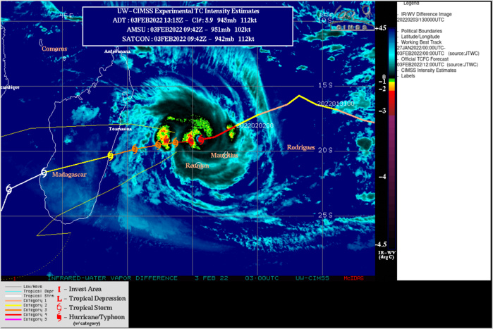SATELLITE ANALYSIS, INITIAL POSITION AND INTENSITY DISCUSSION: ANIMATED MULTISPECTRAL SATELLITE IMAGERY (MSI) DEPICTS AN INTENSE, HIGHLY SYMMETRICAL SYSTEM WITH DEEP CENTRAL CONVECTION AND A 19-KM SHARPLY OUTLINED PINHOLE EYE THAT HAS JUST COMPLETED EYEWALL REPLACEMENT.THE INITIAL POSITION IS PLACED WITH HIGH CONFIDENCE ON THE EYE,ADJUSTED FOR A SLIGHT TILT AND LINED UP WITH A WELL-DEFINED MICROWAVE EYE FEATURE IN THE 031033Z AMSR2 89GHZ IMAGE. THE INITIAL INTENSITY OF 115KTS/CAT 4 US IS BASED ON AN OVERALL ASSESSMENT OF AGENCY AND AUTOMATED DVORAK ESTIMATES AND CONSISTENT WITH THE SUSTAINED 6-HR CONVECTIVE STRUCTURE. ANALYSIS INDICATES THE CYCLONE HAS DRIFTED INTO A MARGINALLY UNFAVORABLE ENVIRONMENT WITH WARM (28-29C) SST AND MODERATE RADIAL OUTFLOW OFFSET BY MODERATE TO STRONG (20-25KT) VWS. TC 08S IS TRACKING ALONG THE NORTHWEST PERIPHERY OF THE DEEP-LAYER STR TO THE SOUTHEAST. SATELLITE ANALYSIS, INITIAL POSITION AND INTENSITY DISCUSSION: ANIMATED MULTISPECTRAL SATELLITE IMAGERY (MSI) DEPICTS AN INTENSE, HIGHLY SYMMETRICAL SYSTEM WITH DEEP CENTRAL CONVECTION AND A 19-KM SHARPLY OUTLINED PINHOLE EYE THAT HAS JUST COMPLETED EYEWALL REPLACEMENT.THE INITIAL POSITION IS PLACED WITH HIGH CONFIDENCE ON THE EYE,ADJUSTED FOR A SLIGHT TILT AND LINED UP WITH A WELL-DEFINED MICROWAVE EYE FEATURE IN THE 031033Z AMSR2 89GHZ IMAGE. THE INITIAL INTENSITY OF 115KTS/CAT 4 US IS BASED ON AN OVERALL ASSESSMENT OF AGENCY AND AUTOMATED DVORAK ESTIMATES AND CONSISTENT WITH THE SUSTAINED 6-HR CONVECTIVE STRUCTURE. ANALYSIS INDICATES THE CYCLONE HAS DRIFTED INTO A MARGINALLY UNFAVORABLE ENVIRONMENT WITH WARM (28-29C) SST AND MODERATE RADIAL OUTFLOW OFFSET BY MODERATE TO STRONG (20-25KT) VWS. TC 08S IS TRACKING ALONG THE NORTHWEST PERIPHERY OF THE DEEP-LAYER STR TO THE SOUTHEAST.