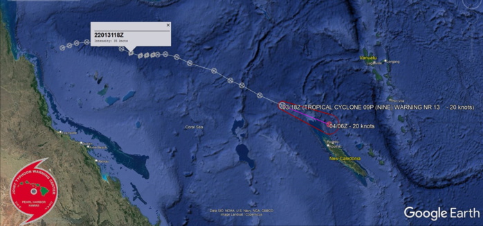 TROPICAL CYCLONE 09P (NINE), LOCATED APPROXIMATELY 650 KM NORTHWEST OF NOUMEA, NEW CALEDONIA, HAS TRACKED EAST- SOUTHEASTWARD AT 15 KNOTS OVER THE PAST SIX HOURS. TC 09P REMAINS IN A MARGINAL ENVIRONMENT AND IS NO LONGER EXPECTED TO FURTHER INTENSIFY. THE CURRENT INITIAL INTENSITY OF 20 KTS IS BASED OFF A 1450Z AMSR2 WIND SPEED PRODUCT SHOWING 18-20 KT WINDS JUST NORTH OF THE ASSESSED LOW LEVEL CIRCULATION CENTER, WHICH IS EXPECTED TO CONTINUE SOUTHWESTWARD. DESPITE THE FINAL WARNING OF 09P, THERE REMAINS POTENTIAL FOR TROPICAL CYCLONE ACTIVITY IN THE CORAL SEA WITHIN THE NEXT 96 HOURS. THE 12Z MODEL RUN OF GFS IS CURRENTLY SHOWING TWO CYCLONES FORMING AROUND 84H: ONE BETWEEN VANUATU AND NEW CALEDONIA AND ANOTHER TO THE EAST, JUST SOUTH OF FIJI, WHICH COULD POSSIBLY BE THE REMNANTS OF 09P. AROUND 102H, GFS DEPICTS THE EASTERN CYCLONE PASSING ROUGHLY 550KM WEST OF TONGA. CURRENT MODEL RUNS OF EC AND NVGM ONLY DEPICT DEVELOPMENT OF THE WESTERN CYCLONE NEAR VANUATU AND NEW CALEDONIA. THIS IS THE FINAL WARNING ON THIS SYSTEM BY THE JOINT TYPHOON WRNCEN PEARL HARBOR HI. THE SYSTEM WILL BE CLOSELY MONITORED FOR SIGNS OF REGENERATION. TROPICAL CYCLONE 09P (NINE), LOCATED APPROXIMATELY 650 KM NORTHWEST OF NOUMEA, NEW CALEDONIA, HAS TRACKED EAST- SOUTHEASTWARD AT 15 KNOTS OVER THE PAST SIX HOURS. TC 09P REMAINS IN A MARGINAL ENVIRONMENT AND IS NO LONGER EXPECTED TO FURTHER INTENSIFY. THE CURRENT INITIAL INTENSITY OF 20 KTS IS BASED OFF A 1450Z AMSR2 WIND SPEED PRODUCT SHOWING 18-20 KT WINDS JUST NORTH OF THE ASSESSED LOW LEVEL CIRCULATION CENTER, WHICH IS EXPECTED TO CONTINUE SOUTHWESTWARD. DESPITE THE FINAL WARNING OF 09P, THERE REMAINS POTENTIAL FOR TROPICAL CYCLONE ACTIVITY IN THE CORAL SEA WITHIN THE NEXT 96 HOURS. THE 12Z MODEL RUN OF GFS IS CURRENTLY SHOWING TWO CYCLONES FORMING AROUND 84H: ONE BETWEEN VANUATU AND NEW CALEDONIA AND ANOTHER TO THE EAST, JUST SOUTH OF FIJI, WHICH COULD POSSIBLY BE THE REMNANTS OF 09P. AROUND 102H, GFS DEPICTS THE EASTERN CYCLONE PASSING ROUGHLY 550KM WEST OF TONGA. CURRENT MODEL RUNS OF EC AND NVGM ONLY DEPICT DEVELOPMENT OF THE WESTERN CYCLONE NEAR VANUATU AND NEW CALEDONIA. THIS IS THE FINAL WARNING ON THIS SYSTEM BY THE JOINT TYPHOON WRNCEN PEARL HARBOR HI. THE SYSTEM WILL BE CLOSELY MONITORED FOR SIGNS OF REGENERATION.