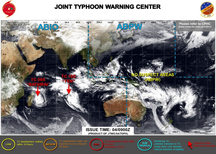 JTWC IS ISSUING 12HOURLY WARNINGS AND 3HOURLY SATELLITE BULLETINS ON TC 08S(BATSIRAI) AND TC 10S.