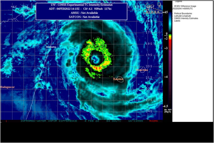 SATELLITE ANALYSIS, INITIAL POSITION AND INTENSITY DISCUSSION: ANIMATED MULTISPECTRAL SATELLITE IMAGERY (MSI) DEPICTS AN INTENSE, HIGHLY SYMMETRICAL SYSTEM WITH DEEP CENTRAL CONVECTION AND A 55-KM SHARPLY OUTLINED EYE. THE INITIAL POSITION IS PLACED WITH HIGH CONFIDENCE BASED ON THE EYE FEATURE, ADJUSTED FOR A SLIGHT TILT AND LINED UP WITH A WELL-DEFINED MICROWAVE EYE FEATURE IN THE 041015Z ATMS IMAGE. THE INITIAL INTENSITY OF 115KTS/CAT 4 US IS BASED ON AN OVERALL ASSESSMENT OF AGENCY AND AUTOMATED DVORAK ESTIMATES AND CONSISTENT WITH THE SUSTAINED 6-HR CONVECTIVE STRUCTURE. ANALYSIS INDICATES THE CYCLONE IS IN A FAVORABLE ENVIRONMENT WITH WARM (28- 29C) SST, STRONG POLEWARD OUTFLOW, AND LOW (10-15KT) VWS. TC 08S IS TRACKING ALONG THE NORTHWEST PERIPHERY OF THE DEEP-LAYER STR TO THE SOUTH. SATELLITE ANALYSIS, INITIAL POSITION AND INTENSITY DISCUSSION: ANIMATED MULTISPECTRAL SATELLITE IMAGERY (MSI) DEPICTS AN INTENSE, HIGHLY SYMMETRICAL SYSTEM WITH DEEP CENTRAL CONVECTION AND A 55-KM SHARPLY OUTLINED EYE. THE INITIAL POSITION IS PLACED WITH HIGH CONFIDENCE BASED ON THE EYE FEATURE, ADJUSTED FOR A SLIGHT TILT AND LINED UP WITH A WELL-DEFINED MICROWAVE EYE FEATURE IN THE 041015Z ATMS IMAGE. THE INITIAL INTENSITY OF 115KTS/CAT 4 US IS BASED ON AN OVERALL ASSESSMENT OF AGENCY AND AUTOMATED DVORAK ESTIMATES AND CONSISTENT WITH THE SUSTAINED 6-HR CONVECTIVE STRUCTURE. ANALYSIS INDICATES THE CYCLONE IS IN A FAVORABLE ENVIRONMENT WITH WARM (28- 29C) SST, STRONG POLEWARD OUTFLOW, AND LOW (10-15KT) VWS. TC 08S IS TRACKING ALONG THE NORTHWEST PERIPHERY OF THE DEEP-LAYER STR TO THE SOUTH.