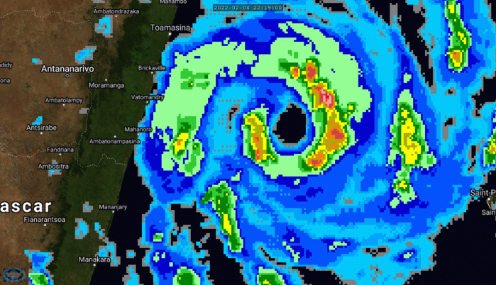 SATELLITE ANALYSIS, INITIAL POSITION AND INTENSITY DISCUSSION: ANIMATED ENHANCED INFRARED (EIR) SATELLITE IMAGERY SHOWS THAT THE COLD RING AROUND THE EYE HAS WARMED SOMEWHAT OVER THE PAST 12 HOURS. A 042211Z AMSR2 MICROWAVE PASS REVEALED THAT THE NORTHERN EYEWALL HAS ERODED, AND PERIODIC DISRUPTIONS TO THE EYEWALL ARE EVIDENT IN ANIMATED EIR IMAGERY. GIVEN THE LACK OF VERTICAL SHEAR OR COLD WATER, IT SEEMS MOST LIKELY THAT THIS EROSION IS DUE TO A COMBINATION OF DOWNSLOPING FLOW ON THE EASTERN SIDE OF MADAGASCAR, ALONG WITH MID-LEVEL DRY AIR BEING ADVECTED OVER THE ISLAND AND INTO THE NORTHERN SEMICIRCLE OF THE STORM. THIS DIAGNOSIS IS SUPPORTED BY THREE-DIMENSIONAL MODEL ANALYSES. A SENTINNEL-1A SAR PASS AT 041502Z FOUND THAT THE INTENSITY WAS 105 KT/CAT 3 US AT THE TIME, SLIGHTLY BELOW THE MEAN OF SUBJECTIVE DVORAK ESTIMATES. GIVEN THE SLIGHT DEGRADATION OF THE SATELLITE PRESENTATION AND ASSOCIATED DVORAK ESTIMATES SINCE THAT TIME, THE INITIAL INTENSITY IS LOWERED TO 100 KT/CAT 3 US. SATELLITE ANALYSIS, INITIAL POSITION AND INTENSITY DISCUSSION: ANIMATED ENHANCED INFRARED (EIR) SATELLITE IMAGERY SHOWS THAT THE COLD RING AROUND THE EYE HAS WARMED SOMEWHAT OVER THE PAST 12 HOURS. A 042211Z AMSR2 MICROWAVE PASS REVEALED THAT THE NORTHERN EYEWALL HAS ERODED, AND PERIODIC DISRUPTIONS TO THE EYEWALL ARE EVIDENT IN ANIMATED EIR IMAGERY. GIVEN THE LACK OF VERTICAL SHEAR OR COLD WATER, IT SEEMS MOST LIKELY THAT THIS EROSION IS DUE TO A COMBINATION OF DOWNSLOPING FLOW ON THE EASTERN SIDE OF MADAGASCAR, ALONG WITH MID-LEVEL DRY AIR BEING ADVECTED OVER THE ISLAND AND INTO THE NORTHERN SEMICIRCLE OF THE STORM. THIS DIAGNOSIS IS SUPPORTED BY THREE-DIMENSIONAL MODEL ANALYSES. A SENTINNEL-1A SAR PASS AT 041502Z FOUND THAT THE INTENSITY WAS 105 KT/CAT 3 US AT THE TIME, SLIGHTLY BELOW THE MEAN OF SUBJECTIVE DVORAK ESTIMATES. GIVEN THE SLIGHT DEGRADATION OF THE SATELLITE PRESENTATION AND ASSOCIATED DVORAK ESTIMATES SINCE THAT TIME, THE INITIAL INTENSITY IS LOWERED TO 100 KT/CAT 3 US.