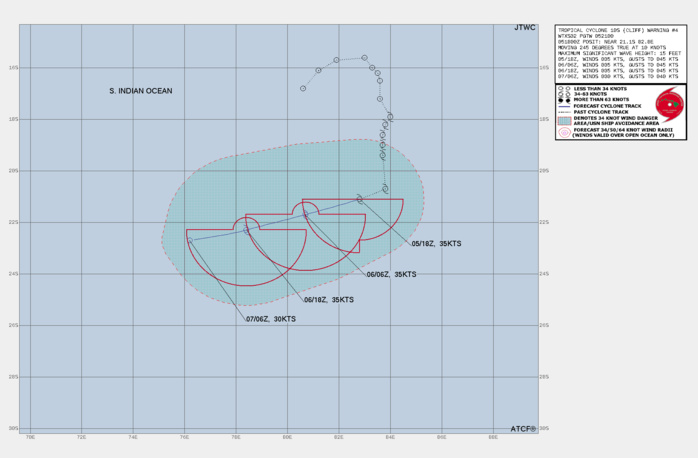 FORECAST REASONING. SIGNIFICANT FORECAST CHANGES: THERE ARE NO SIGNIFICANT CHANGES TO THE FORECAST FROM THE PREVIOUS WARNING. FORECAST DISCUSSION: AS TC 10S HAS WEAKENED, THE PRIMARY STEERING MECHANISM HAS SHIFTED OVER TO THE LOW TO MID-LEVEL SUBTROPICAL RIDGE (STR) TO THE SOUTH AND TC 10S HAS TURNED SHARPLY WESTWARD IN THE LAST 6-12 HOURS. NO SIGNIFICANT CHANGE IS EXPECTED IN THIS TRACK THROUGH THE FORECAST PERIOD. THE PRESENCE OF LOW TO MID-LEVEL STABLE, DRY AIR, AS REVEALED BY THE LARGE STRATOCUMULUS FIELD TO THE SOUTH, IS BEING WRAPPED INTO THE CORE OF THE SYSTEM. COMBINED WITH MODERATE AND INCREASING NORTHERLY SHEAR, AND STEADILY DECREASING SSTS, TC 10S IS FORECAST TO STEADILY, IF SOMEWHAT SLOWLY, WEAKEN OVER THE NEXT 36 HOURS, DIPPING BELOW WARNING THRESHOLD NO LATER THAN 36H. FORECAST REASONING. SIGNIFICANT FORECAST CHANGES: THERE ARE NO SIGNIFICANT CHANGES TO THE FORECAST FROM THE PREVIOUS WARNING. FORECAST DISCUSSION: AS TC 10S HAS WEAKENED, THE PRIMARY STEERING MECHANISM HAS SHIFTED OVER TO THE LOW TO MID-LEVEL SUBTROPICAL RIDGE (STR) TO THE SOUTH AND TC 10S HAS TURNED SHARPLY WESTWARD IN THE LAST 6-12 HOURS. NO SIGNIFICANT CHANGE IS EXPECTED IN THIS TRACK THROUGH THE FORECAST PERIOD. THE PRESENCE OF LOW TO MID-LEVEL STABLE, DRY AIR, AS REVEALED BY THE LARGE STRATOCUMULUS FIELD TO THE SOUTH, IS BEING WRAPPED INTO THE CORE OF THE SYSTEM. COMBINED WITH MODERATE AND INCREASING NORTHERLY SHEAR, AND STEADILY DECREASING SSTS, TC 10S IS FORECAST TO STEADILY, IF SOMEWHAT SLOWLY, WEAKEN OVER THE NEXT 36 HOURS, DIPPING BELOW WARNING THRESHOLD NO LATER THAN 36H.