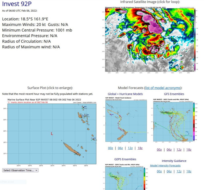 THE AREA OF CONVECTION (INVEST 92P) PREVIOUSLY LOCATED NEAR 17.7S 153.2E IS NOW LOCATED NEAR 18.4S 160.0E, APPROXIMATELY 890KM WEST OF PORT VILA, VANUATU. ANIMATED MULTISPECTRAL SATELLITE IMAGERY CONTINUES TO DEPICT A POORLY-ORGANIZED AND ELONGATED DISTURBANCE EMBEDDED WITHIN A WEST-NORTHWEST TO EAST-SOUTHEAST ORIENTED FRONTAL TROUGH. A 060252Z AMSR2 36GHZ COLOR COMPOSITE MICROWAVE IMAGE REVEALS NO DISCERNIBLE LOW-LEVEL CIRCULATION WITH HIGHLY DISORGANIZED SHALLOW BANDS OF CONVECTION ACROSS THE CORAL SEA. THE DISTURBANCE IS LOCATED WITHIN MODERATE NORTHWESTERLY FLOW ALONG THE SOUTHWESTERN PERIPHERY OF AN UPPER-LEVEL RIDGE. VERTICAL WIND SHEAR REMAINS LOW TO MODERATE WITH WARM SEA SURFACE TEMPERATURES OF 29-30 DEGREES CELSIUS. THE DISTURBANCE IS EXPECTED TO TRACK EAST-SOUTHEASTWARD TOWARD VANUATU ALONG THIS FRONTAL BOUNDARY FOR THE NEXT 12 HOURS WITHIN A MARGINALLY FAVORABLE ENVIRONMENT. WITHIN THE NEXT 12 TO 24 HOURS, NUMERICAL MODELS GENERALLY AGREE THAT SOME DEVELOPMENT WILL OCCUR AS THE DISTURBANCE TRACKS UNDER A MORE FAVORABLE UPPER-LEVEL ENVIRONMENT BENEATH THE BROAD UPPER-LEVEL RIDGE. THIS ZONE WILL BE MONITORED CLOSELY, AS A COMPLEX ENVIRONMENT COULD LEAD TO MULTIPLE CIRCULATIONS FORMING IN CLOSE PROXIMITY WITHIN THE SOUTH PACIFIC CONVERGENCE ZONE IN THE GENERAL VICINITY OF NEW CALEDONIA, VANUATU, FIJI, AND TONGA DURING THE NEXT SEVERAL DAYS. MAXIMUM SUSTAINED SURFACE WINDS ARE ESTIMATED AT 20 TO 25 KNOTS. MINIMUM SEA LEVEL PRESSURE IS ESTIMATED TO BE NEAR 999 MB. THE POTENTIAL FOR THE DEVELOPMENT OF A SIGNIFICANT TROPICAL CYCLONE WITHIN THE NEXT 24 HOURS REMAINS LOW THE AREA OF CONVECTION (INVEST 92P) PREVIOUSLY LOCATED NEAR 17.7S 153.2E IS NOW LOCATED NEAR 18.4S 160.0E, APPROXIMATELY 890KM WEST OF PORT VILA, VANUATU. ANIMATED MULTISPECTRAL SATELLITE IMAGERY CONTINUES TO DEPICT A POORLY-ORGANIZED AND ELONGATED DISTURBANCE EMBEDDED WITHIN A WEST-NORTHWEST TO EAST-SOUTHEAST ORIENTED FRONTAL TROUGH. A 060252Z AMSR2 36GHZ COLOR COMPOSITE MICROWAVE IMAGE REVEALS NO DISCERNIBLE LOW-LEVEL CIRCULATION WITH HIGHLY DISORGANIZED SHALLOW BANDS OF CONVECTION ACROSS THE CORAL SEA. THE DISTURBANCE IS LOCATED WITHIN MODERATE NORTHWESTERLY FLOW ALONG THE SOUTHWESTERN PERIPHERY OF AN UPPER-LEVEL RIDGE. VERTICAL WIND SHEAR REMAINS LOW TO MODERATE WITH WARM SEA SURFACE TEMPERATURES OF 29-30 DEGREES CELSIUS. THE DISTURBANCE IS EXPECTED TO TRACK EAST-SOUTHEASTWARD TOWARD VANUATU ALONG THIS FRONTAL BOUNDARY FOR THE NEXT 12 HOURS WITHIN A MARGINALLY FAVORABLE ENVIRONMENT. WITHIN THE NEXT 12 TO 24 HOURS, NUMERICAL MODELS GENERALLY AGREE THAT SOME DEVELOPMENT WILL OCCUR AS THE DISTURBANCE TRACKS UNDER A MORE FAVORABLE UPPER-LEVEL ENVIRONMENT BENEATH THE BROAD UPPER-LEVEL RIDGE. THIS ZONE WILL BE MONITORED CLOSELY, AS A COMPLEX ENVIRONMENT COULD LEAD TO MULTIPLE CIRCULATIONS FORMING IN CLOSE PROXIMITY WITHIN THE SOUTH PACIFIC CONVERGENCE ZONE IN THE GENERAL VICINITY OF NEW CALEDONIA, VANUATU, FIJI, AND TONGA DURING THE NEXT SEVERAL DAYS. MAXIMUM SUSTAINED SURFACE WINDS ARE ESTIMATED AT 20 TO 25 KNOTS. MINIMUM SEA LEVEL PRESSURE IS ESTIMATED TO BE NEAR 999 MB. THE POTENTIAL FOR THE DEVELOPMENT OF A SIGNIFICANT TROPICAL CYCLONE WITHIN THE NEXT 24 HOURS REMAINS LOW