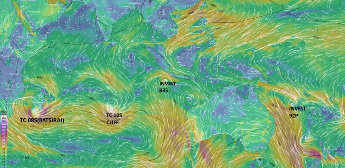 TC 08S(BATSIRAI):over-land:Mananjary(Madagascar)reported very high winds//TC 10S(CLIFF) still surviving//Invest 92P and Invest 93S,06/03utc