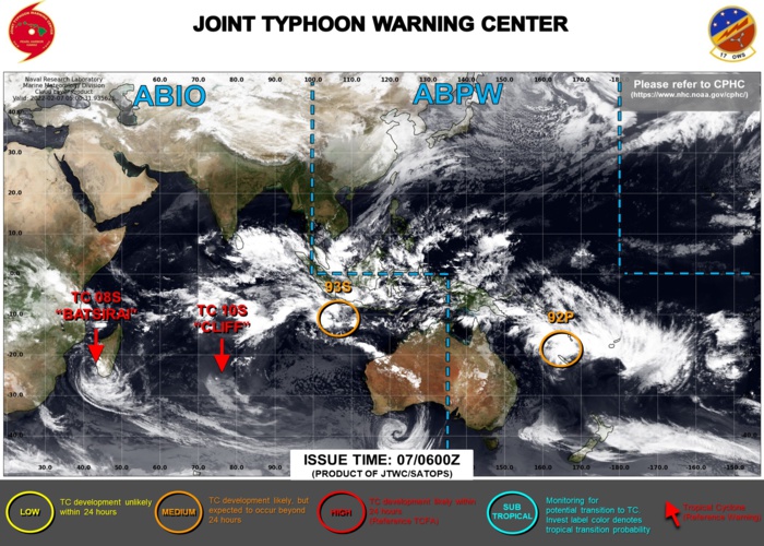 JTWC IS ISSUING 12HOURLY WARNINGS ON TC 08S(BATSIRAI). WARNING 6/FINAL WAS ISSUED ON TC 10S(CLIFF) AT 06/21UTC. 3HOURLY SATELLITE BULLETINS ARE ISSUED ON 08S, 10S AND 93S. JTWC IS ISSUING 12HOURLY WARNINGS ON TC 08S(BATSIRAI). WARNING 6/FINAL WAS ISSUED ON TC 10S(CLIFF) AT 06/21UTC. 3HOURLY SATELLITE BULLETINS ARE ISSUED ON 08S, 10S AND 93S.