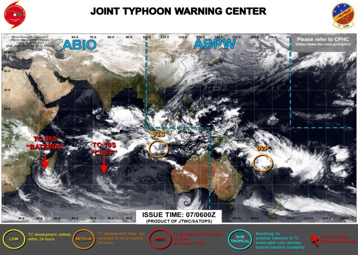 JTWC IS ISSUING 12HOURLY WARNINGS ON TC 08S(BATSIRAI). WARNING 6/FINAL WAS ISSUED ON TC 10S(CLIFF) AT 06/21UTC. 3HOURLY SATELLITE BULLETINS ARE ISSUED ON 08S, 10S AND 93S.