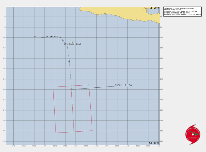 1. FORMATION OF A SIGNIFICANT TROPICAL CYCLONE IS POSSIBLE WITHIN 185 KM EITHER SIDE OF A LINE FROM 14.7S 105.6E TO 19.1S 105.8E WITHIN THE NEXT 12 TO 24 HOURS. AVAILABLE DATA DOES NOT JUSTIFY ISSUANCE OF NUMBERED TROPICAL CYCLONE WARNINGS AT THIS TIME. WINDS IN THE AREA ARE ESTIMATED TO BE 25 TO 30 KNOTS. METSAT IMAGERY AT 080230Z INDICATES THAT A CIRCULATION CENTER IS LOCATED NEAR 15.0S 105.6E. THE SYSTEM IS MOVING SOUTHWARD AT 22 KM/H. 2. REMARKS: THE AREA OF CONVECTION (INVEST 93S) PREVIOUSLY LOCATED NEAR 11.5S 105.4E IS NOW LOCATED NEAR 13.8S 105.5E, APPROXIMATELY 375 KM SOUTH OF CHRISTMAS ISLAND. ANIMATED MULTISPECTRAL IMAGERY AND A 072335Z SSMIS 91GHZ IMAGE DEPICT A LOW LEVEL CIRCULATION (LLCC) WITH DEEP BANDING WRAPPING INTO THE LLCC. IN ADDITION, THERE IS BROAD, DEEP CONVECTION WITHIN THE CENTRAL AND NORTHERN PERIPHERIES OF THE SYSTEM. ENVIRONMENTAL ANALYSIS INDICATES FAVORABLE CONDITIONS FOR DEVELOPMENT TO INCLUDE FAIR POLEWARD OUTFLOW, LOW (10-15KT) VERTICAL WIND SHEAR, AND VERY WARM (29-30) SEA SURFACE TEMPERATURES. GLOBAL MODELS ARE IN AGREEMENT THAT THE INVEST 93S IS A COMPACT SYSTEM THAT WILL TRACK WEST-SOUTHWEST SLOWLY INTENSIFYING OVER THE NEXT 24-48 HOURS. MAXIMUM SUSTAINED SURFACE WINDS ARE ESTIMATED AT 25 TO 30 KNOTS. MINIMUM SEA LEVEL PRESSURE IS ESTIMATED TO BE NEAR 1002 MB. THE POTENTIAL FOR THE DEVELOPMENT OF A SIGNIFICANT TROPICAL CYCLONE WITHIN THE NEXT 24 HOURS IS HIGH. 1. FORMATION OF A SIGNIFICANT TROPICAL CYCLONE IS POSSIBLE WITHIN 185 KM EITHER SIDE OF A LINE FROM 14.7S 105.6E TO 19.1S 105.8E WITHIN THE NEXT 12 TO 24 HOURS. AVAILABLE DATA DOES NOT JUSTIFY ISSUANCE OF NUMBERED TROPICAL CYCLONE WARNINGS AT THIS TIME. WINDS IN THE AREA ARE ESTIMATED TO BE 25 TO 30 KNOTS. METSAT IMAGERY AT 080230Z INDICATES THAT A CIRCULATION CENTER IS LOCATED NEAR 15.0S 105.6E. THE SYSTEM IS MOVING SOUTHWARD AT 22 KM/H. 2. REMARKS: THE AREA OF CONVECTION (INVEST 93S) PREVIOUSLY LOCATED NEAR 11.5S 105.4E IS NOW LOCATED NEAR 13.8S 105.5E, APPROXIMATELY 375 KM SOUTH OF CHRISTMAS ISLAND. ANIMATED MULTISPECTRAL IMAGERY AND A 072335Z SSMIS 91GHZ IMAGE DEPICT A LOW LEVEL CIRCULATION (LLCC) WITH DEEP BANDING WRAPPING INTO THE LLCC. IN ADDITION, THERE IS BROAD, DEEP CONVECTION WITHIN THE CENTRAL AND NORTHERN PERIPHERIES OF THE SYSTEM. ENVIRONMENTAL ANALYSIS INDICATES FAVORABLE CONDITIONS FOR DEVELOPMENT TO INCLUDE FAIR POLEWARD OUTFLOW, LOW (10-15KT) VERTICAL WIND SHEAR, AND VERY WARM (29-30) SEA SURFACE TEMPERATURES. GLOBAL MODELS ARE IN AGREEMENT THAT THE INVEST 93S IS A COMPACT SYSTEM THAT WILL TRACK WEST-SOUTHWEST SLOWLY INTENSIFYING OVER THE NEXT 24-48 HOURS. MAXIMUM SUSTAINED SURFACE WINDS ARE ESTIMATED AT 25 TO 30 KNOTS. MINIMUM SEA LEVEL PRESSURE IS ESTIMATED TO BE NEAR 1002 MB. THE POTENTIAL FOR THE DEVELOPMENT OF A SIGNIFICANT TROPICAL CYCLONE WITHIN THE NEXT 24 HOURS IS HIGH.