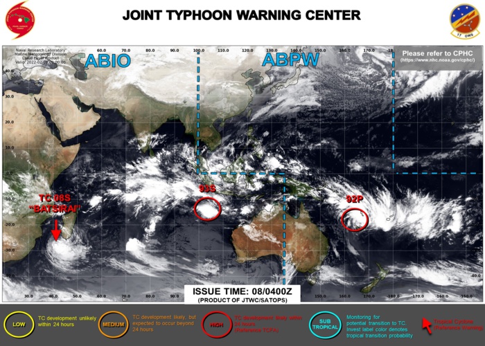 JTWC IS ISSUING 12HOURLY WARNINGS ON TC 08S(BATSIRAI). 3HOURLY SATELLITE BULLETINS ARE ISSUED ON 08S, INVEST 92P AND INVEST 93S. JTWC IS ISSUING 12HOURLY WARNINGS ON TC 08S(BATSIRAI). 3HOURLY SATELLITE BULLETINS ARE ISSUED ON 08S, INVEST 92P AND INVEST 93S.