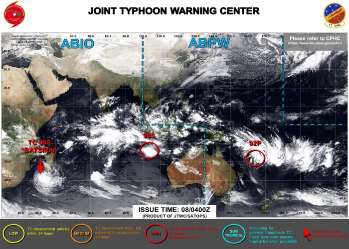 JTWC IS ISSUING 12HOURLY WARNINGS ON TC 08S(BATSIRAI). 3HOURLY SATELLITE BULLETINS ARE ISSUED ON 08S, INVEST 92P AND INVEST 93S.