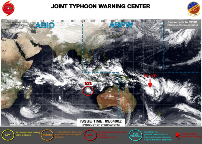 JTWC IS ISSUING 6HOURLY WARNINGS ON TC 11P. 3HOURLY SATELLITE BULLETINS ARE ISSUED ON 11P AND INVEST AND INVEST 93S. THEY WERE DISCONTINUED ON TC 08S(BATSIRAI) AT 09/00UTC.