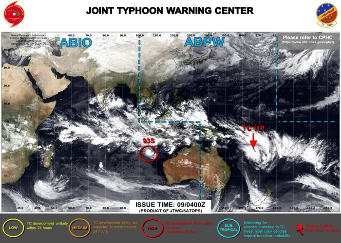 JTWC IS ISSUING 6HOURLY WARNINGS ON TC 11P. 3HOURLY SATELLITE BULLETINS ARE ISSUED ON 11P AND INVEST AND INVEST 93S. THEY WERE DISCONTINUED ON TC 08S(BATSIRAI) AT 09/00UTC. JTWC IS ISSUING 6HOURLY WARNINGS ON TC 11P. 3HOURLY SATELLITE BULLETINS ARE ISSUED ON 11P AND INVEST AND INVEST 93S. THEY WERE DISCONTINUED ON TC 08S(BATSIRAI) AT 09/00UTC.