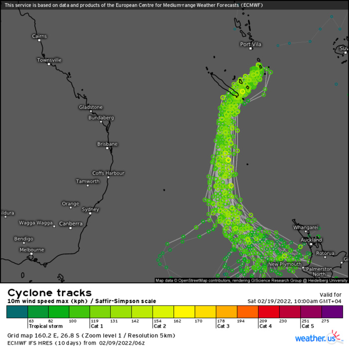 TC 11P(DOVI): tracking South-East of New Caledonia, forecast to reach 65knots/CAT 1 US by 48hours, 09/15utc