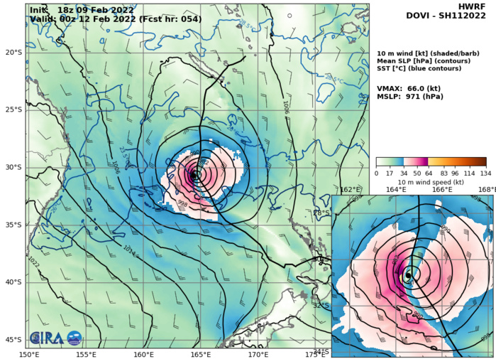 Intensifying TC 11P(DOVI) tracking close to New Caledonia within 12h, to peak at 75kts/CAT 1 US by 36hours//Invest 93S, 10/03utc