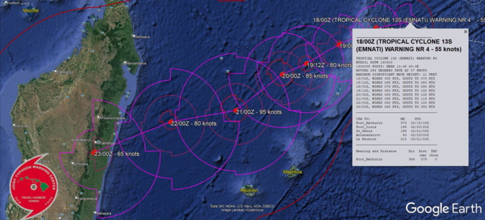 FORECAST REASONING.  SIGNIFICANT FORECAST CHANGES: THERE ARE NO SIGNIFICANT CHANGES TO THE FORECAST FROM THE PREVIOUS WARNING.  FORECAST DISCUSSION: TC 13S WILL BEGIN TURNING WEST-SOUTHWESTWARD WITHIN THE NEXT 12 HOURS AS IT TRACKS TOWARD A BREAK IN THE SUBTROPICAL RIDGE DUE TO AN APPROACHING MID-LATITUDE TROUGH FROM THE SOUTHWEST. THE SYSTEM WILL CONTINUE THIS GENERAL DIRECTION AND REACH A PEAK INTENSITY OF 95 KTS/CAT 2 US AROUND 72H. AFTERWARDS, LOW OCEAN HEAT CONTENT NEAR MADAGASCAR CAUSED BY UPWELLING DUE TO THE  PASSAGE OF ANOTHER TROPICAL CYCLONE A FEW DAYS EARLIER, WILL LEAD TO  A DECREASE IN INTENSITY, REACHING 80 KTS/CAT 1 US BY TAU 96H. BY 120H, THE  CENTER OF THE SYSTEM WILL BE OVER CENTRAL MADAGASCAR, FURTHER  DECREASING THE SYSTEM TO 65 KTS/CAT 1 US.