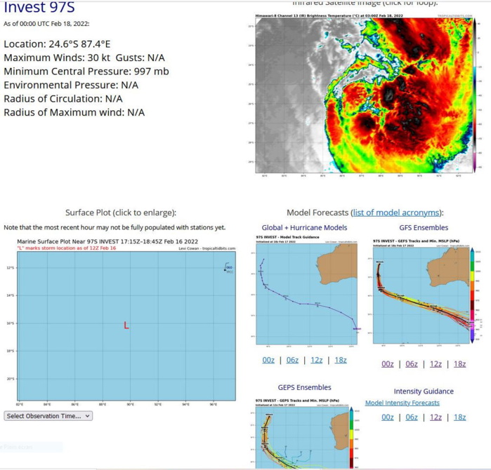 THE AREA OF  CONVECTION (INVEST 97S) PREVIOUSLY LOCATED NEAR 20.7S 88.5E IS NOW  LOCATED NEAR 24.6S 87.4E, APPROXIMATELY 1700KM SOUTHWEST OF THE COCOS  ISLANDS. ANIMATED MULTISPECTRAL SATELLITE IMAGERY (MSI) AND A  180047Z SSMIS 91GHZ PARTIAL MICROWAVE IMAGE DEPICT LARGE FRONTAL  BANDING  ON THE EASTERN PORTION OF A BROAD, POORLY-DEFINED LOW LEVEL  CIRCULATION (LLC). ENVIRONMENTAL ANALYSIS INDICATES MARGINAL  DEVELOPMENT WITH ROBUST POLEWARD OUTFLOW AND WARM (27-28C) SEA  SURFACE TEMPERATURES (SSTS) OFFSET BY MODERATE VERTICAL WIND SHEAR  (15-20 KTS). ADDITIONALLY, THE SYSTEM WILL SOON BE ENTERING SSTS  LESS THAN 26C. GLOBAL MODELS TO INCLUDE GFS, ECMWF, AND NAVGEM ARE  IN AGREEMENT TRACKING THE SYSTEM SOUTHWARD OVER THE NEXT 24 TO 48  HOURS AND BEGINNING SUBTROPICAL TRANSITION AS IT ENTERS THE MID- LATITUDES. MAXIMUM SUSTAINED SURFACE WINDS ARE ESTIMATED AT 25 TO 30  KNOTS. MINIMUM SEA LEVEL PRESSURE IS ESTIMATED TO BE NEAR 997 MB. IN  VIEW OF THE UNFAVORABLE FORECAST FOR THIS SYSTEM, THE POTENTIAL FOR  THE DEVELOPMENT OF A SIGNIFICANT TROPICAL CYCLONE WITHIN THE NEXT 24  HOURS IS DOWNGRADED TO MEDIUM.