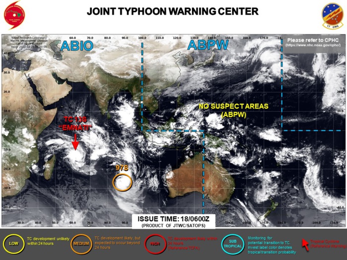 JTWC IS ISSUING 12HOURLY WARNINGS ON TC 13S(EMNATI) AND 3HOURLY SATELLITE BULLETINS ON TC 13S AND INVEST 97S(FEZILE). JTWC IS ISSUING 12HOURLY WARNINGS ON TC 13S(EMNATI) AND 3HOURLY SATELLITE BULLETINS ON TC 13S AND INVEST 97S(FEZILE).