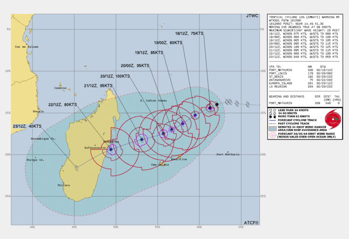 FORECAST REASONING.  SIGNIFICANT FORECAST CHANGES: THERE ARE NO SIGNIFICANT CHANGES TO THE FORECAST FROM THE PREVIOUS WARNING.  FORECAST DISCUSSION: TC EMNATI WILL CONTINUE ON ITS CURRENT WEST-SOUTHWESTWARD TRACK THROUGHOUT THE FORECAST EVEN AFTER A SECONDARY SUBTROPCIAL RIDGE (STR) APPROACHING FROM THE SOUTHWEST SEAMLESSLY ASSUMES STEERING AFTER 36H. SHORTLY AFTER 96H, IT WILL MAKE LANDFALL OVER THE CENTRAL MADAGASCAR COAST EAST OF ANTANANARIVO. THE HIGHLY  FAVORABLE ENVIRONMENT IS EXPECTED TO CARRY THROUGH THE MID-PORTION  OF THE FORECAST TRACK AND FUEL STEADY INTENSIFICATION TO A PEAK OF  100KTS/CAT 3 US BY 48H. AFTERWARD, LOW OCEAN HEAT CONTENT NEAR MADAGASCAR WILL CONTRIBUTE TO A GRADUAL WEAKENING - DOWN TO 80KTS/CAT 1 BY 96H. AFTER LANDFALL, THE RUGGED TERRAIN WILL RAPIDLY ERODE THE SYSTEM DOWN TO 40KTS BY 120H AS IT APPROACHES THE SOUTHWESTERN COAST OF THE ISLAND.