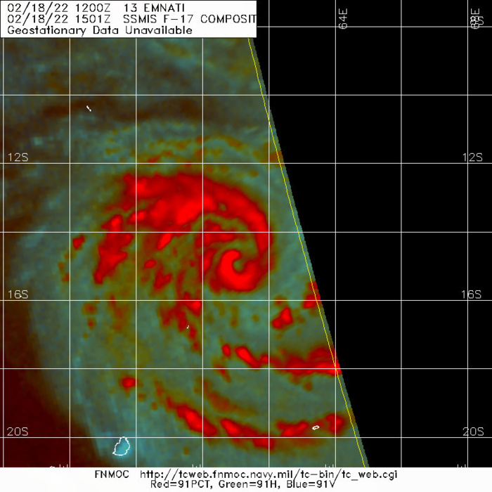 TC 13S(EMNATI): CAT 1 US and intensifying to CAT 3 within 48h while tracking to the North of Mauritius/Réunion, 18/15utc TC 13S(EMNATI): CAT 1 US and intensifying to CAT 3 within 48h while tracking to the North of Mauritius/Réunion, 18/15utc