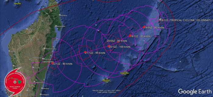 TC 13S(EMNATI): CAT 1 US and intensifying to CAT 3 within 48h while tracking to the North of Mauritius/Réunion, 18/15utc TC 13S(EMNATI): CAT 1 US and intensifying to CAT 3 within 48h while tracking to the North of Mauritius/Réunion, 18/15utc