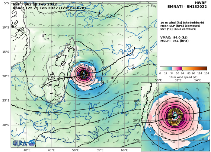 TC 13S(EMNATI): CAT 1 US and intensifying to CAT 3 within 48h while tracking to the North of Mauritius/Réunion, 18/15utc TC 13S(EMNATI): CAT 1 US and intensifying to CAT 3 within 48h while tracking to the North of Mauritius/Réunion, 18/15utc