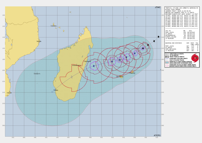 FORECAST REASONING.  SIGNIFICANT FORECAST CHANGES: THERE ARE NO SIGNIFICANT CHANGES TO THE FORECAST FROM THE PREVIOUS WARNING, HOWEVER THERE IS A POTENTIAL FOR AN ALTERNATE SCENARIO AS DESCRIBED IN THE MODEL DISCUSSION.  FORECAST DISCUSSION: TC EMNATI WILL CONTINUE ITS TRACK TO THE SOUTHWEST OVER THE NEXT 36 HOURS WHILE STEADILY INCREASING IN INTENSITY TO 90 KTS/CAT2 US AT THIS TIME. AFTER 36H, THE SYSTEM WILL TAKE  A SLIGHT JOG EQUATORWARD AS THE SUBTROPICAL RIDGE (STR) TO THE SOUTHEAST WILL BUILD. AT THIS POINT, TC EMNATI WILL REACH ITS MAX INTENSITY OF 95 KTS/CAT 2 US. AFTERWARDS, AS THE SYSTEM APPROACHES THE EAST COAST OF MADAGASCAR, IT WILL BEGIN TO SHOW SIGNS OF WEAKENING IN INTENSITY AS THE OCEAN HEAT CONTENT WILL BEGIN TO FALL DUE TO UPWELLING THAT WAS INITIALLY KICKED-OFF WITH THE PASSING OF TC 08S AND TC 12S. DUE TO THIS UPWELLING, TC EMNATI WILL DECREASE IN INTENSITY 85 KTS/CAT 2 US BY 72H, ROUGHLY 6 HOURS BEFORE LANDFALL. THE SYSTEM WILL CONTINUE TO DECAY AS IT UNDERGOES TERRAIN INTERACTION BY 96H. BY 120H, TC EMNATI IS EXPECTED TO REEMERGE OVER THE SOUTHERN PORTION OF THE MOZAMBIQUE CHANNEL AT 30 KTS.