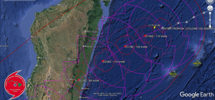 FORECAST REASONING.  SIGNIFICANT FORECAST CHANGES: THERE ARE NO SIGNIFICANT CHANGES TO THE FORECAST FROM THE PREVIOUS WARNING.  FORECAST DISCUSSION: THE JTWC FORECAST TRACK REMAINS HIGHLY CONSISTENT WITH THE PREVIOUS FORECAST TRACKS. TC 13S IS TRACKING ALONG THE NORTHWEST PERIPHERY OF A SUBTROPICAL RIDGE (STR) POSITIONED TO THE SOUTHEAST AND EAST, AND IS FORECAST TO TRACK WEST-SOUTHWESTWARD TO SOUTHWESTWARD  THROUGH 48H. THERE IS SIGNIFICANT UNCERTAINTY IN THE INTENSITY  FORECAST OVER THE NEXT 12 HOURS CONSIDERING THE ONGOING ERC EVENT AND  POSSIBLE UPWELLING OF COOLER WATER WITH SLIGHT WEAKENING POSSIBLE  WITHIN THE NEXT 12 HOURS. AFTER THE ERC COMPLETES NEAR 12H, STRONG  OUTFLOW AND LOW VERTICAL WIND SHEAR (VWS) SHOULD ALLOW THE SYSTEM TO  REINTENSIFY QUICKLY TO A PEAK OF 120 KNOTS/CAT 4 BY 24H. AFTER 24H, TC  13S WILL STEADILY WEAKEN WITH INCREASING INTERACTION WITH LAND AS THE  SYSTEM APPROACHES MADAGASCAR. AFTER MAKING LANDFALL NEAR 48H, THE  SYSTEM WILL TURN SOUTHWESTWARD TOWARD A WEAKNESS IN THE STR PRODUCED  BY AN APPROACHING DEEP MIDLATITUDE UPPER-LEVEL TROUGH AND WEAKEN  RAPIDLY AS IT TRACKS OVER THE MOUNTAINOUS TERRAIN OF MADAGASCAR. AFTER TRACKING BACK OVER WATER NEAR 72H, SOUTHWEST OF MADAGASCAR,  TC 13S WILL COMMENCE SUBTROPICAL TRANSITION AS THE SYSTEM INTERACTS  WITH AN UPPER-LEVEL SUBTROPICAL TROUGH. BY TAU 120, TC 13S WILL  COMPLETE SUBTROPICAL TRANSITION AS IT IS BECOMES EMBEDDED IN THE UPPER LEVEL TROUGH WITH STRONG VWS (30-40 KNOTS) AND COOL SST  (24C).