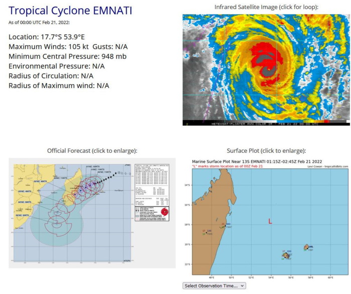 Intense TC 13S(EMNATI) under-going an eye-wall replacement cycle, slowly approaching Madagascar, 21/03utc