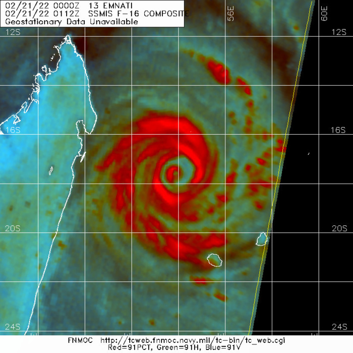 Intense TC 13S(EMNATI) under-going an eye-wall replacement cycle, slowly approaching Madagascar, 21/03utc