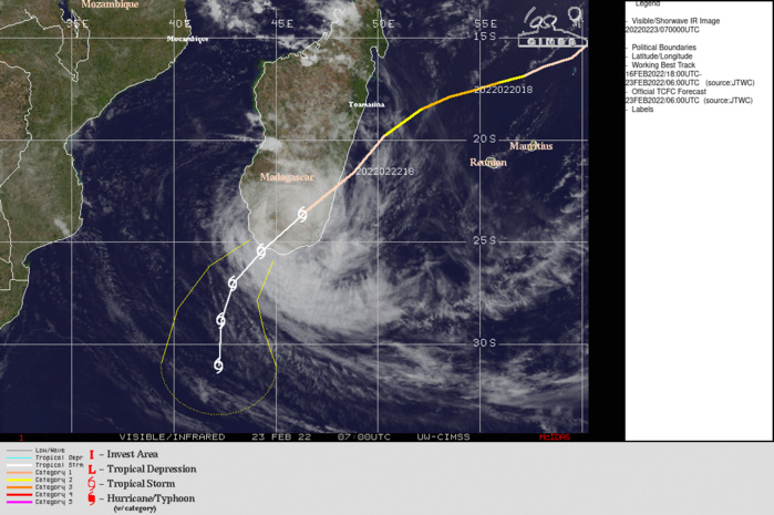 SATELLITE ANALYSIS, INITIAL POSITION AND INTENSITY DISCUSSION: ANIMATED ENHANCED INFRARED SATELLITE IMAGERY SHOWS THE SYSTEM HAS MADE LANDFALL OVER SOUTH CENTRAL MADAGASCAR. THE CENTRAL CONVECTIVE TOPS HAVE SIGNIFICANTLY WARMED AND COLLAPSED AS IT ENCOUNTERED THE RUGGED TERRAIN. HOWEVER, REMNANTS OF THE EYEWALL REMAIN VISIBLE. THE INITIAL POSITION IS PLACED WITH HIGH CONFIDENCE BASED ON THE REMNANT EYEWALL THAT LINED UP WELL WITH A PARTLY OBSCURE LOW LEVEL MICROWAVE EYE FEATURE IN THE 230302Z SSMIS 91GHZ IMAGE. THE INITIAL INTENSITY IS EXTRAPOLATED FROM DVORAK ESTIMATES PRIOR TO LANDFALL AND REFLECTS THE 6-HR DECAY. ANALYSIS INDICATES AN UNFAVORABLE ENVIRONMENT WITH LOW VWS AND MODERATE RADIAL OUTFLOW OFFSET BY FRICTIONAL EFFECTS OF THE RUGGED TERRAIN. TC 13S IS TRACKING ALONG THE NORTHWESTERN PERIPHERY OF THE SUBTROPICAL RIDGE (STR) TO THE SOUTHEAST.