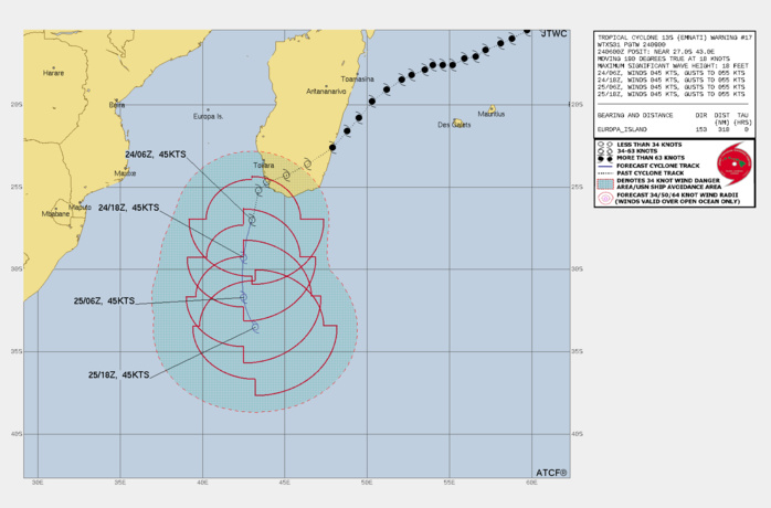 FORECAST REASONING. SIGNIFICANT FORECAST CHANGES: THERE ARE NO SIGNIFICANT CHANGES TO THE FORECAST FROM THE PREVIOUS WARNING. FORECAST DISCUSSION: TC 13S IS FORECAST TO CONTINUE TRACKING SOUTH TO SOUTHEASTWARD ALONG THE WESTERN PERIPHERY OF THE DEEP SUBTROPICAL RIDGE (STR) TO THE EAST THROUGH THE FORECAST PERIOD. AFTER THE END OF THE FORECAST PERIOD, THE REMAINING SUBTROPICAL LOW WILL LIKELY TURN POLEWARD ONCE MORE AS IT MOVES TOWARDS A WEAKNESS THAT DEVELOPS IN THE STR AHEAD OF AN APPROACHING MID-LATITUDE TROUGH. OVERALL, NO SIGNIFICANT CHANGE IN THE INTENSITY IS FORECAST THROUGH THE FORECAST PERIOD, WITH THE CONTINUED ROBUST POLEWARD OUTFLOW BEING OFFSET BY VERY LOW OHC, DECREASING SEA SURFACE TEMPERATURES, PROGRESSIVELY INCREASING VERTICAL WIND SHEAR AND MORE SIGNIFICANT DRY AIR ENTRAINMENT. THE SYSTEM WILL BEGIN LOSING ITS TROPICAL CHARACTERISTICS BY 12H AND IS FORECAST TO COMPLETE TRANSITION TO A STRONG GALE-FORCE SUBTROPICAL LOW NO LATER THAN 36H. FORECAST REASONING. SIGNIFICANT FORECAST CHANGES: THERE ARE NO SIGNIFICANT CHANGES TO THE FORECAST FROM THE PREVIOUS WARNING. FORECAST DISCUSSION: TC 13S IS FORECAST TO CONTINUE TRACKING SOUTH TO SOUTHEASTWARD ALONG THE WESTERN PERIPHERY OF THE DEEP SUBTROPICAL RIDGE (STR) TO THE EAST THROUGH THE FORECAST PERIOD. AFTER THE END OF THE FORECAST PERIOD, THE REMAINING SUBTROPICAL LOW WILL LIKELY TURN POLEWARD ONCE MORE AS IT MOVES TOWARDS A WEAKNESS THAT DEVELOPS IN THE STR AHEAD OF AN APPROACHING MID-LATITUDE TROUGH. OVERALL, NO SIGNIFICANT CHANGE IN THE INTENSITY IS FORECAST THROUGH THE FORECAST PERIOD, WITH THE CONTINUED ROBUST POLEWARD OUTFLOW BEING OFFSET BY VERY LOW OHC, DECREASING SEA SURFACE TEMPERATURES, PROGRESSIVELY INCREASING VERTICAL WIND SHEAR AND MORE SIGNIFICANT DRY AIR ENTRAINMENT. THE SYSTEM WILL BEGIN LOSING ITS TROPICAL CHARACTERISTICS BY 12H AND IS FORECAST TO COMPLETE TRANSITION TO A STRONG GALE-FORCE SUBTROPICAL LOW NO LATER THAN 36H.
