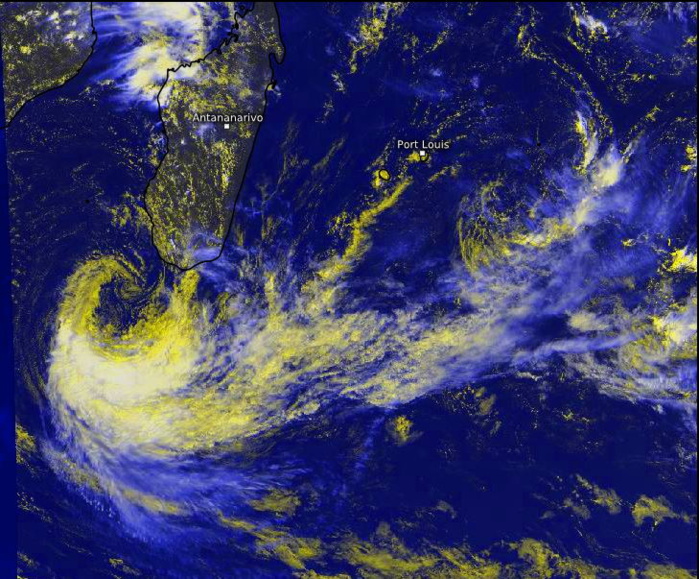 SATELLITE ANALYSIS, INITIAL POSITION AND INTENSITY DISCUSSION: ANIMATED MULTISPECTRAL SATELLITE IMAGERY (MSI) DEPICTS AN ILL-DEFINED AND BROAD CIRCULATION SOUTHWEST OF MADAGASCAR, WITH AT LEAST THREE DISTINCT VORTICES ROTATING ABOUT THE LARGER CENTER, WHICH IS DEVOID OF ANY SIGNIFICANT ORGANIZED CONVECTIVE ACTIVITY. THE INITIAL POSITION IS ASSESSED WITH MEDIUM CONFIDENCE, PLACED IN THE CENTROID OF THE TRIO OF VORTICES, AS THERE IS NO CLEAR-CUT CENTER PER SE. THE INITIAL INTENSITY OF 45 KNOTS IS ASSESSED WITH HIGH CONFIDENCE, WELL ABOVE THE PGTW AND ADT DVORAK ESTIMATES, BASED ON A 240236Z SMAP PASS WHICH INDICATED AN ARC OF 45-50 KNOT WINDS EXTENDING ACROSS MOST OF THE SOUTHERN HEMISPHERE OF THE CIRCULATION, WITH A RADIUS OF MAXIMUM WINDS OF ROUGHLY 150KNM. WHILE WATER VAPOR IMAGERY SUGGESTS THE SYSTEM REMAINS RELATIVELY ISOLATED FROM THE DRY AIR ENSCONCED OVER THE MOZAMBIQUE CHANNEL, TOTAL PRECIPITABLE WATER (TPW) DATA INDICATES A NARROW SWATH OF VERY DRY AIR IS BEING ENTRAINED FROM MADAGASCAR DIRECTLY INTO THE CORE OF THE SYSTEM. POLEWARD OUTFLOW REMAINS ROBUST, AND SHEAR RELATIVELY LOW, BUT THE LACK OF ANY SIGNIFICANT OCEAN HEAT CONTENT IS INHIBITING INTENSIFICATION.