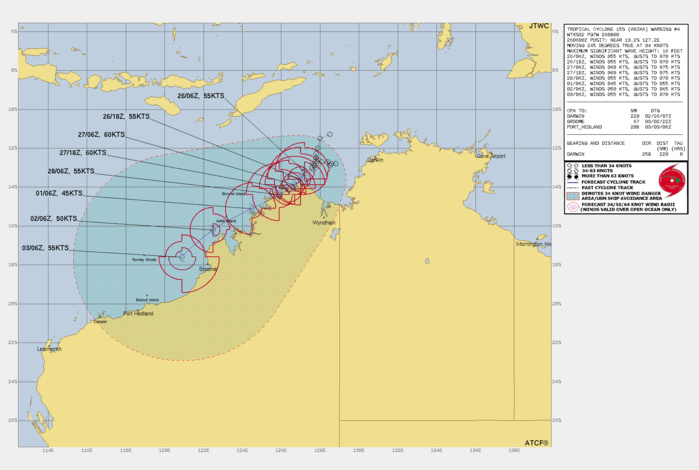 FORECAST REASONING. SIGNIFICANT FORECAST CHANGES: THERE ARE NO SIGNIFICANT CHANGES TO THE FORECAST FROM THE PREVIOUS WARNING. FORECAST DISCUSSION: TC 15S HAS MOVED SLIGHTLY TO THE SOUTHWEST OVER THE LAST 6 HOURS DUE TO THE WEAK STEERING ENVIRONMENT FROM THE MID-LEVEL RIDGE TO THE SOUTH. OVER THE NEXT 24 HOURS, THE SYSTEM WILL PEAK OUT AT 60KTS AS IT BRUSHES ACROSS THE NORTHWEST KIMBERLEY COAST AND TRACKS SLOWLY SOUTH-SOUTHWESTWARD. AROUND 36H, A SUBTROPICAL RIDGE (STR) TO THE SOUTHEAST WILL BUILD, STEERING TC 15S TO THE SOUTHWEST ALONG THE KIMBERLEY COAST. THE RIDGE WILL REORIENT AND PUSH THE SYSTEM SOUTHWEST DOWN THE NORTHWESTERN AUSTRALIA COAST THROUGH THE REMAINDER OF THE FORECAST WITH THE POTENTIAL TO NUDGE IT OFF THE COAST BEFORE 72H. THE SYSTEM IS FORECAST TO REMAIN AT 60KTS THROUGH 36H, BUT IS EXPECTED TO DECREASE INTENSITY SLIGHTLY DUE TO THE LAND INTERACTION. HOWEVER, THE DECREASING TREND WILL REMAIN UNTIL 72H WHEN IT IS FORECAST TO MOVE BACK OUT OVER OPEN WATER. AFTERWARDS, TC 15S WILL BEGIN TO DEPART FROM THE COASTLINE AND ONCE AGAIN INCREASE IN INTENSITY, REACHING 55 KTS BY 120H. FORECAST REASONING. SIGNIFICANT FORECAST CHANGES: THERE ARE NO SIGNIFICANT CHANGES TO THE FORECAST FROM THE PREVIOUS WARNING. FORECAST DISCUSSION: TC 15S HAS MOVED SLIGHTLY TO THE SOUTHWEST OVER THE LAST 6 HOURS DUE TO THE WEAK STEERING ENVIRONMENT FROM THE MID-LEVEL RIDGE TO THE SOUTH. OVER THE NEXT 24 HOURS, THE SYSTEM WILL PEAK OUT AT 60KTS AS IT BRUSHES ACROSS THE NORTHWEST KIMBERLEY COAST AND TRACKS SLOWLY SOUTH-SOUTHWESTWARD. AROUND 36H, A SUBTROPICAL RIDGE (STR) TO THE SOUTHEAST WILL BUILD, STEERING TC 15S TO THE SOUTHWEST ALONG THE KIMBERLEY COAST. THE RIDGE WILL REORIENT AND PUSH THE SYSTEM SOUTHWEST DOWN THE NORTHWESTERN AUSTRALIA COAST THROUGH THE REMAINDER OF THE FORECAST WITH THE POTENTIAL TO NUDGE IT OFF THE COAST BEFORE 72H. THE SYSTEM IS FORECAST TO REMAIN AT 60KTS THROUGH 36H, BUT IS EXPECTED TO DECREASE INTENSITY SLIGHTLY DUE TO THE LAND INTERACTION. HOWEVER, THE DECREASING TREND WILL REMAIN UNTIL 72H WHEN IT IS FORECAST TO MOVE BACK OUT OVER OPEN WATER. AFTERWARDS, TC 15S WILL BEGIN TO DEPART FROM THE COASTLINE AND ONCE AGAIN INCREASE IN INTENSITY, REACHING 55 KTS BY 120H.