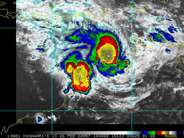 SATELLITE ANALYSIS, INITIAL POSITION AND INTENSITY DISCUSSION: ANIMATED MULTISPECTRAL SATELLITE IMAGERY (MSI) DEPICTS A BROAD SYSTEM WITH TWO REGIONS OF CONVECTION WITH THE LOW LEVEL CIRCULATION CENTER (LLCC) REMAINING TO THE EASTERN CONVECTION REGION. THE INITIAL POSITION IS BASED LOOSELY ON A 260501Z ATMS IMAGE. THE INTENSITY IS BASED UPON MULTIPLE AGENCY DVORAK ESTIMATES RANGING FROM T3.0 TO T3.5, WITH ADT REMAINING THE HIGHEST AT T3.6 (57KTS). TC 15S IS CURRENTLY IN A MARGINALLY FAVORABLE ENVIRONMENT WITH MODERATE VERTICAL WIND SHEAR, OFFSET BY WARM SEA SURFACE TEMPERATURES, AND MODERATE RADIAL OUTFLOW.