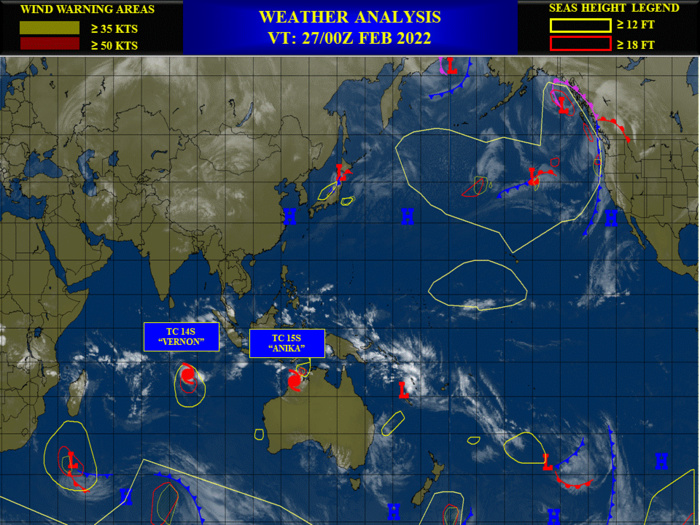 TC 14S(VERNON) absorbing Invest 93S and struggling: re-intensification expected after 24h// TC 15S(ANIKA) over-land//Invest 98P, 27/15utc