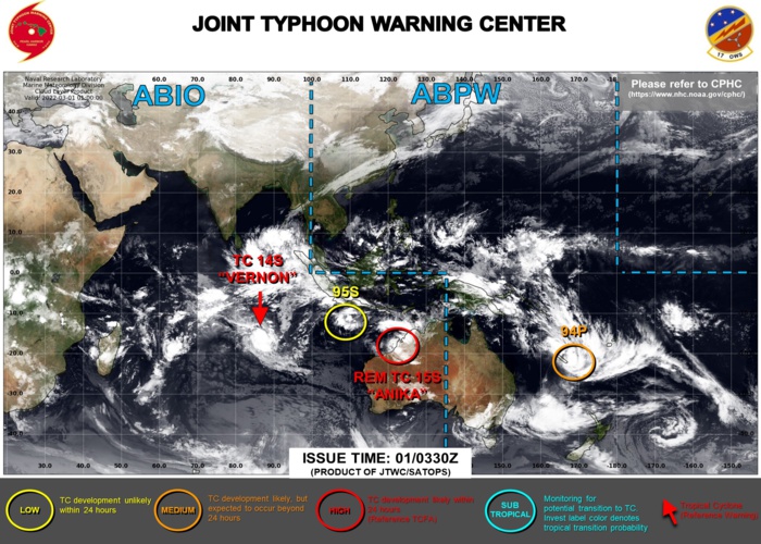 JTWC IS ISSUING 12HOURLY WARNINGS ON TC 14S(VERNON). 3HOURLY SATELLITE BULLETINS ARE ISSUED ON 14S, OVER-LAND TC 15S , INVEST 94P AND INVEST 95S. JTWC IS ISSUING 12HOURLY WARNINGS ON TC 14S(VERNON). 3HOURLY SATELLITE BULLETINS ARE ISSUED ON 14S, OVER-LAND TC 15S , INVEST 94P AND INVEST 95S.
