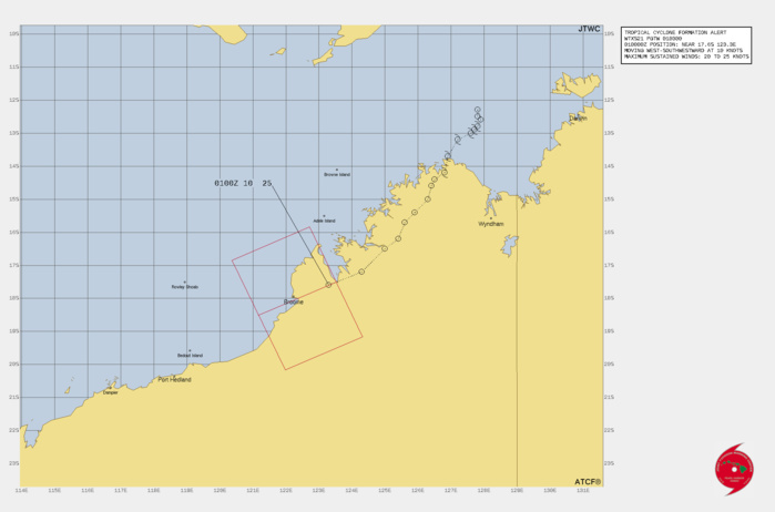 FORMATION OF A SIGNIFICANT TROPICAL CYCLONE IS POSSIBLE WITHIN 110 NM EITHER SIDE OF A LINE FROM 17.5S 123.5E TO 18.5S 121.2E WITHIN THE NEXT 12 TO 24 HOURS. AVAILABLE DATA DOES NOT JUSTIFY ISSUANCE OF NUMBERED TROPICAL CYCLONE WARNINGS AT THIS TIME. WINDS IN THE AREA ARE ESTIMATED TO BE 20 TO 25 KNOTS. METSAT IMAGERY AT 010000Z INDICATES THAT A CIRCULATION CENTER IS LOCATED NEAR 17.6S 123.3E. THE SYSTEM IS MOVING WEST-SOUTHWESTWARD AT 19 KM/H. 2. REMARKS: THE AREA OF CONVECTION (REMNANTS OF TC 15S) PREVIOUSLY  LOCATED NEAR 16.5S 125.0E IS NOW LOCATED NEAR 17.6S 123.3E,  APPROXIMATELY 570 KM WEST-SOUTHWEST OF WYNDHAM. ANIMATED ENHANCED  MULTISPECTRAL SATELLITE IMAGERY AND A 282216Z 91GHZ IMAGE DEPICT  BROAD CONVECTION OVERHEAD A LOW LEVEL CIRCULATION (LLC) THAT IS  CURRENTLY OVER LAND.  ENVIRONMENTAL ANALYSIS REVEALS FAVORABLE  CONDITIONS FOR DEVELOPMENT DEFINED BY ROBUST OUTFLOW ALOFT, LOW TO  MODERATE (15-20KT) VERTICAL WIND SHEAR, AND THE POTENTIAL FOR WARM  (29-30C) SEA SURFACE TEMPERATURES ONCE THE CENTER MOVES BACK OVER  WATER. GLOBAL MODELS ARE IN GOOD AGREEMENT THAT TC 15S WILL TRACK  WESTWARD ALONG THE NORTHWESTERN COAST OF AUSTRALIA BEFORE EMERGING  OVER THE INDIAN OCEAN AROUND 18H AND THEN REACH WARNING CRITERIA.  MAXIMUM SUSTAINED SURFACE WINDS ARE ESTIMATED AT 20 TO 25 KNOTS.  MINIMUM SEA LEVEL PRESSURE IS ESTIMATED TO BE NEAR 1004 MB. THE  POTENTIAL FOR THE DEVELOPMENT OF A SIGNIFICANT TROPICAL CYCLONE  WITHIN THE NEXT 24 HOURS IS HIGH. FORMATION OF A SIGNIFICANT TROPICAL CYCLONE IS POSSIBLE WITHIN 110 NM EITHER SIDE OF A LINE FROM 17.5S 123.5E TO 18.5S 121.2E WITHIN THE NEXT 12 TO 24 HOURS. AVAILABLE DATA DOES NOT JUSTIFY ISSUANCE OF NUMBERED TROPICAL CYCLONE WARNINGS AT THIS TIME. WINDS IN THE AREA ARE ESTIMATED TO BE 20 TO 25 KNOTS. METSAT IMAGERY AT 010000Z INDICATES THAT A CIRCULATION CENTER IS LOCATED NEAR 17.6S 123.3E. THE SYSTEM IS MOVING WEST-SOUTHWESTWARD AT 19 KM/H. 2. REMARKS: THE AREA OF CONVECTION (REMNANTS OF TC 15S) PREVIOUSLY  LOCATED NEAR 16.5S 125.0E IS NOW LOCATED NEAR 17.6S 123.3E,  APPROXIMATELY 570 KM WEST-SOUTHWEST OF WYNDHAM. ANIMATED ENHANCED  MULTISPECTRAL SATELLITE IMAGERY AND A 282216Z 91GHZ IMAGE DEPICT  BROAD CONVECTION OVERHEAD A LOW LEVEL CIRCULATION (LLC) THAT IS  CURRENTLY OVER LAND.  ENVIRONMENTAL ANALYSIS REVEALS FAVORABLE  CONDITIONS FOR DEVELOPMENT DEFINED BY ROBUST OUTFLOW ALOFT, LOW TO  MODERATE (15-20KT) VERTICAL WIND SHEAR, AND THE POTENTIAL FOR WARM  (29-30C) SEA SURFACE TEMPERATURES ONCE THE CENTER MOVES BACK OVER  WATER. GLOBAL MODELS ARE IN GOOD AGREEMENT THAT TC 15S WILL TRACK  WESTWARD ALONG THE NORTHWESTERN COAST OF AUSTRALIA BEFORE EMERGING  OVER THE INDIAN OCEAN AROUND 18H AND THEN REACH WARNING CRITERIA.  MAXIMUM SUSTAINED SURFACE WINDS ARE ESTIMATED AT 20 TO 25 KNOTS.  MINIMUM SEA LEVEL PRESSURE IS ESTIMATED TO BE NEAR 1004 MB. THE  POTENTIAL FOR THE DEVELOPMENT OF A SIGNIFICANT TROPICAL CYCLONE  WITHIN THE NEXT 24 HOURS IS HIGH.