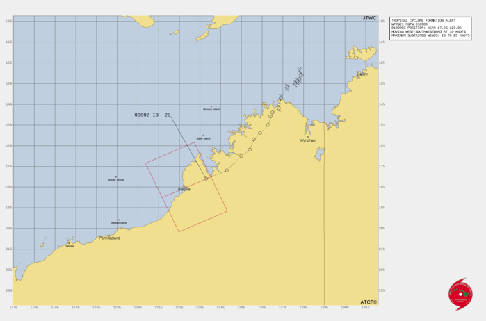 FORMATION OF A SIGNIFICANT TROPICAL CYCLONE IS POSSIBLE WITHIN 110 NM EITHER SIDE OF A LINE FROM 17.5S 123.5E TO 18.5S 121.2E WITHIN THE NEXT 12 TO 24 HOURS. AVAILABLE DATA DOES NOT JUSTIFY ISSUANCE OF NUMBERED TROPICAL CYCLONE WARNINGS AT THIS TIME. WINDS IN THE AREA ARE ESTIMATED TO BE 20 TO 25 KNOTS. METSAT IMAGERY AT 010000Z INDICATES THAT A CIRCULATION CENTER IS LOCATED NEAR 17.6S 123.3E. THE SYSTEM IS MOVING WEST-SOUTHWESTWARD AT 19 KM/H. 2. REMARKS: THE AREA OF CONVECTION (REMNANTS OF TC 15S) PREVIOUSLY  LOCATED NEAR 16.5S 125.0E IS NOW LOCATED NEAR 17.6S 123.3E,  APPROXIMATELY 570 KM WEST-SOUTHWEST OF WYNDHAM. ANIMATED ENHANCED  MULTISPECTRAL SATELLITE IMAGERY AND A 282216Z 91GHZ IMAGE DEPICT  BROAD CONVECTION OVERHEAD A LOW LEVEL CIRCULATION (LLC) THAT IS  CURRENTLY OVER LAND.  ENVIRONMENTAL ANALYSIS REVEALS FAVORABLE  CONDITIONS FOR DEVELOPMENT DEFINED BY ROBUST OUTFLOW ALOFT, LOW TO  MODERATE (15-20KT) VERTICAL WIND SHEAR, AND THE POTENTIAL FOR WARM  (29-30C) SEA SURFACE TEMPERATURES ONCE THE CENTER MOVES BACK OVER  WATER. GLOBAL MODELS ARE IN GOOD AGREEMENT THAT TC 15S WILL TRACK  WESTWARD ALONG THE NORTHWESTERN COAST OF AUSTRALIA BEFORE EMERGING  OVER THE INDIAN OCEAN AROUND 18H AND THEN REACH WARNING CRITERIA.  MAXIMUM SUSTAINED SURFACE WINDS ARE ESTIMATED AT 20 TO 25 KNOTS.  MINIMUM SEA LEVEL PRESSURE IS ESTIMATED TO BE NEAR 1004 MB. THE  POTENTIAL FOR THE DEVELOPMENT OF A SIGNIFICANT TROPICAL CYCLONE  WITHIN THE NEXT 24 HOURS IS HIGH.