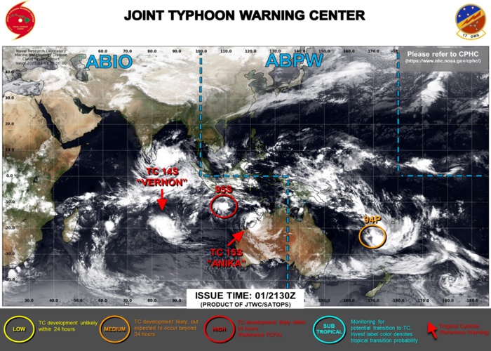 JTWC IS ISSUING 6HOURLY WARNINGS ON TC 15S(ANIKA) AND 12HOURLY WARNINGS ON TC 14S(VERNON). 3HOURLY SATELLITE BULLETINS ARE ISSUED ON TC 14S, TC 15S , INVEST 94P AND INVEST 95S.