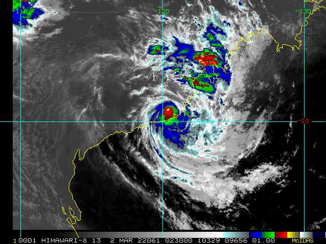 SATELLITE ANALYSIS, INITIAL POSITION AND INTENSITY DISCUSSION: ANIMATED MULTISPECTRAL SATELLITE IMAGERY (MSI) DEPICTS THAT THE LOW LEVEL CIRCULATION CENTER (LLCC) HAS MOVED UNDER THE CENTRAL CONVECTION WITH BANDING FEATURES IN THE SOUTHERN SEMICIRCLE WRAPPING INTO THE LLCC. A 012203Z SSMIS MICROWAVE IMAGE DEPICTS THAT A SINGLE DEEP CONVECTIVE BAND COMPOSES THE PRIMARY STRUCTURE OF TC 15S. THE INITIAL POSITION IS PLACED WITH MEDIUM CONFIDENCE BASED ON MSI AND MICROWAVE IMAGERY. THE INITIAL INTENSITY OF 35 KTS IS ASSESSED WITH MEDIUM CONFIDENCE BASED ON A HEDGE BETWEEN AGENCY DVORAK CURRENT INTENSITY AND ADT CURRENT INTENSITY.