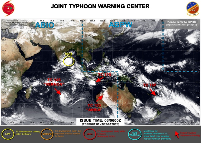 JTWC IS ISSUING 6HOURLY WARNINGS ON TC 18P AND 12HOURLY WARNINGS ON TC 14S(VERNON). 3HOURLY SARELLITE BULLETINS ARE ISSUED ON 14S,15S,17S,18P. JTWC IS ISSUING 6HOURLY WARNINGS ON TC 18P AND 12HOURLY WARNINGS ON TC 14S(VERNON). 3HOURLY SARELLITE BULLETINS ARE ISSUED ON 14S,15S,17S,18P.