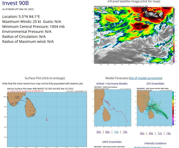 THE AREA OF CONVECTION (INVEST 90B) PREVIOUSLY LOCATED  NEAR 4.8N 87.6E IS NOW LOCATED NEAR 5.0N 86.0E, APPROXIMATELY 700 KM  EAST-SOUTHEAST OF COLOMBO, SRI LANKA. ANIMATED MULTISPECTRAL  SATELLITE IMAGERY (MSI) AND A 021225Z SSMIS 91GHZ MICROWAVE PASS  REVEALS AN OBSCURED BUT WELL DEFINED LOW LEVEL CIRCULATION WITH DEEP  CONVECTION ON THE NORTHWESTERN PERIPHERY. THE OVERALL ENVIRONMENT IS  MARGINAL AS 90B IS AN AREA OF MODERATE TO HIGH (20-30 KT) VERTICAL  WIND SHEAR, OFFSET BY WARM SEA TEMPURATURES (29-30C) AND STRONG  POLEWARD OUTFLOW. GLOBAL MODELS AGREE THAT THE SYSTEM WILL TRACK  WESTNORTHWEST GRADUALLY CONSOLIDATING AND STRENGTHING OVER THE NEXT  36-48 HOURS. AS IT REACHES THE NORTHERN PORTION OF SRI LANKA AND THE  SOUTH EASTERN COAST OF INDIA THE WINDOW FOR 90B TO REACH TROPICAL  STORM STRENGTH IS LIMITED WITH GLOBAL MODELS INDICATING IT WILL  REACH LAND AT ROUGHLY THE SAME INSTANCE. MAXIMUM SUSTAINED SURFACE  WINDS ARE ESTIMATED AT 20 TO 25 KNOTS. MINIMUM SEA LEVEL PRESSURE IS  ESTIMATED TO BE NEAR 1004 MB. THE POTENTIAL FOR THE DEVELOPMENT OF A  SIGNIFICANT TROPICAL CYCLONE WITHIN THE NEXT 24 HOURS REMAINS LOW.