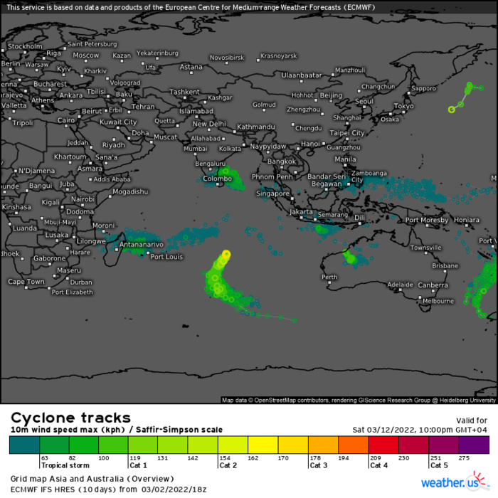 Busy map: TC 14S(VERNON)peaking within 12h//over-land TC 15S(ANIKA)//TC 17S final warning//TC 18P peaking within 12h//Invest 90B, 03/03utc