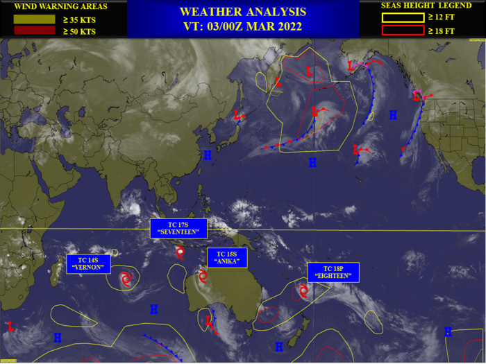 Busy map: TC 14S(VERNON)peaking within 12h//over-land TC 15S(ANIKA)//TC 17S final warning//TC 18P peaking within 12h//Invest 90B, 03/03utc