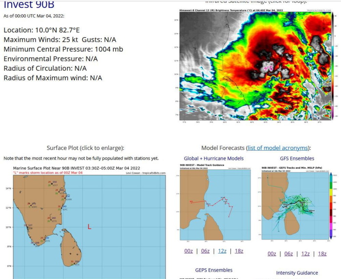 THE AREA OF CONVECTION (INVEST 90B) PREVIOUSLY LOCATED  NEAR 4.8N 87.6E IS NOW LOCATED NEAR 7.6N 84.5E, APPROXIMATELY 770 KM  SOUTHEAST OF CHENNAI, INDIA. ENHANCED INFRARED IMAGERY (EIR) AND A  031028Z SSMIS 91GHZ IMAGE DEPICT WEAK BANDS WRAPPING INTO A LOW  LEVEL CIRCULATION (LLC). IN ADDITION, DEEP CONVECTION EXISTS WITHIN  THE NORTHERN PERIPHERY OF THE SYSTEM. ENVIRONMENTAL ANALYSIS  INDICATES MARGINAL CONDITIONS FOR TROPICAL CYCLONE DEVELOPMENT TO  INCLUDE FAIR POLEWARD OUTFLOW, MODERATE (15-20KTS) VERTICAL WIND  SHEAR, AND VERY WARM (29-30C) SEA SURFACE TEMPERATURES. GLOBAL  MODELS ARE IN AGREEMENT THAT THE SYSTEM WILL TRACK NORTHWESTWARD AND  CONTINUE TO GRADUALLY INTENSIFY OVER THE NEXT 36-48HRS. MAXIMUM  SUSTAINED SURFACE WINDS ARE ESTIMATED AT 20 TO 25 KNOTS. MINIMUM SEA  LEVEL PRESSURE IS ESTIMATED TO BE NEAR 1004 MB. THE POTENTIAL FOR  THE DEVELOPMENT OF A SIGNIFICANT TROPICAL CYCLONE WITHIN THE NEXT 24  HOURS REMAINS MEDIUM.